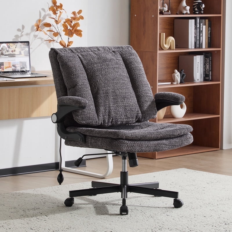 Wide Criss Cross Chair with Flip Up Back Cushion and Arms, Ergonomic Cross Legged Office Chair with Dynamic Lumbar Support, Upholstered Swivel Rolling Vanity Chair for Customized Comfort