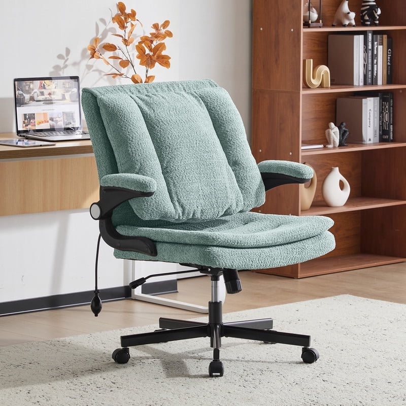 Wide Criss Cross Chair with Flip Up Back Cushion and Arms, Ergonomic Cross Legged Office Chair with Dynamic Lumbar Support, Upholstered Swivel Rolling Vanity Chair for Customized Comfort