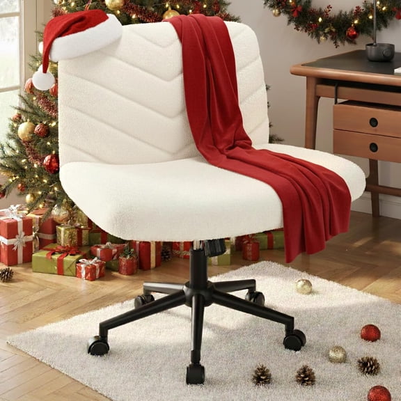 Wide Criss Cross Legged Office Desk Chair with No Wheels, Comfy Swivel Vanity Computer Chair for Home Reading Makeup, Polyester Boucle Fabric, White