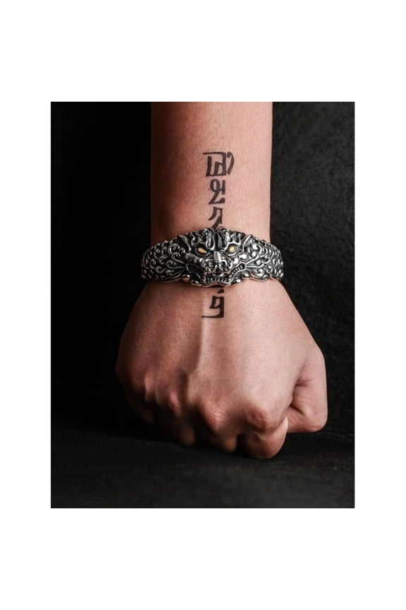 Wide Cuff Pixiu Bracelet Open Bangle with Dragon Head Design Heavyweight Feng Shui Jewelry for Men Protection and Power