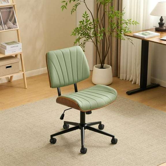 Wide Curved Seat&Back Armless Home Office Chair, Ergonomic Adjustable-Height Desk Chair, Swivel&Tilting Function, Stylish Walnut Task Chair for Meeting Room, Dining Room, PU, Olive Green