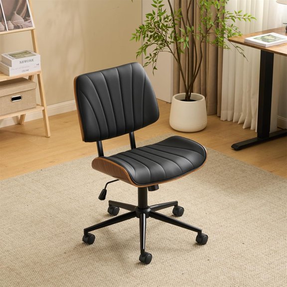 Wide Curved Seat&Back Armless Home Office Chair,Ergoromic Adjustable-Height Desk Chair,Swivel&Tilting Function,Stylish Walnut Task Chair for Meeing Room,Dining Room,PU, Black