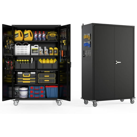 Wide & Deep Garage Storage Cabinet with Wheels & Pegboards, 72"H Metal Storage Cabinet with Locking Door & Adjustable Shelves, Rolling Tool Cabinet for Garage, Shop, Office, 71.97"x43.31"x21.85"