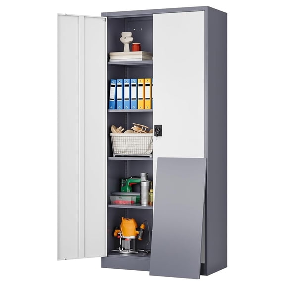 Wide & Deep Metal Storage Cabinet with Shelves,72 inch Tall Garage Storage Cabinet with Lock,Gray White Metal Cabinets with Locking Doors,Large Steel Lockable Cabinets for Home,Office,Shop,Garage