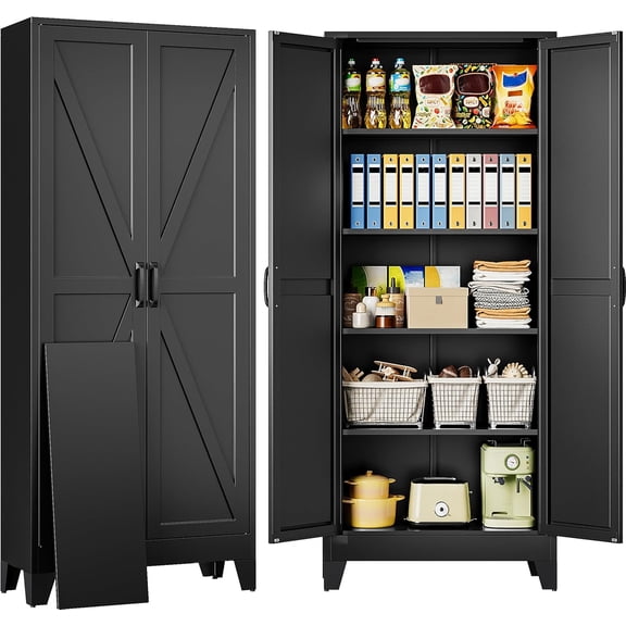 Wide & Deep Pantry Storage Cabinets with 2 Doors and 5 Shelves,Tall Storage Cabinet,Large Cupboard Closet,Farmhouse Storage Cabinet for Home,Kitchen,Dining/Living Room (Black, 72" H)