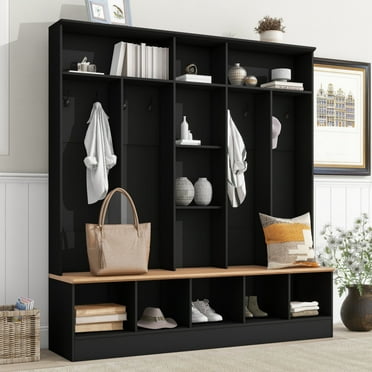 Triple Tree 4-in-1 Hall Tree with Storage Bench, Black