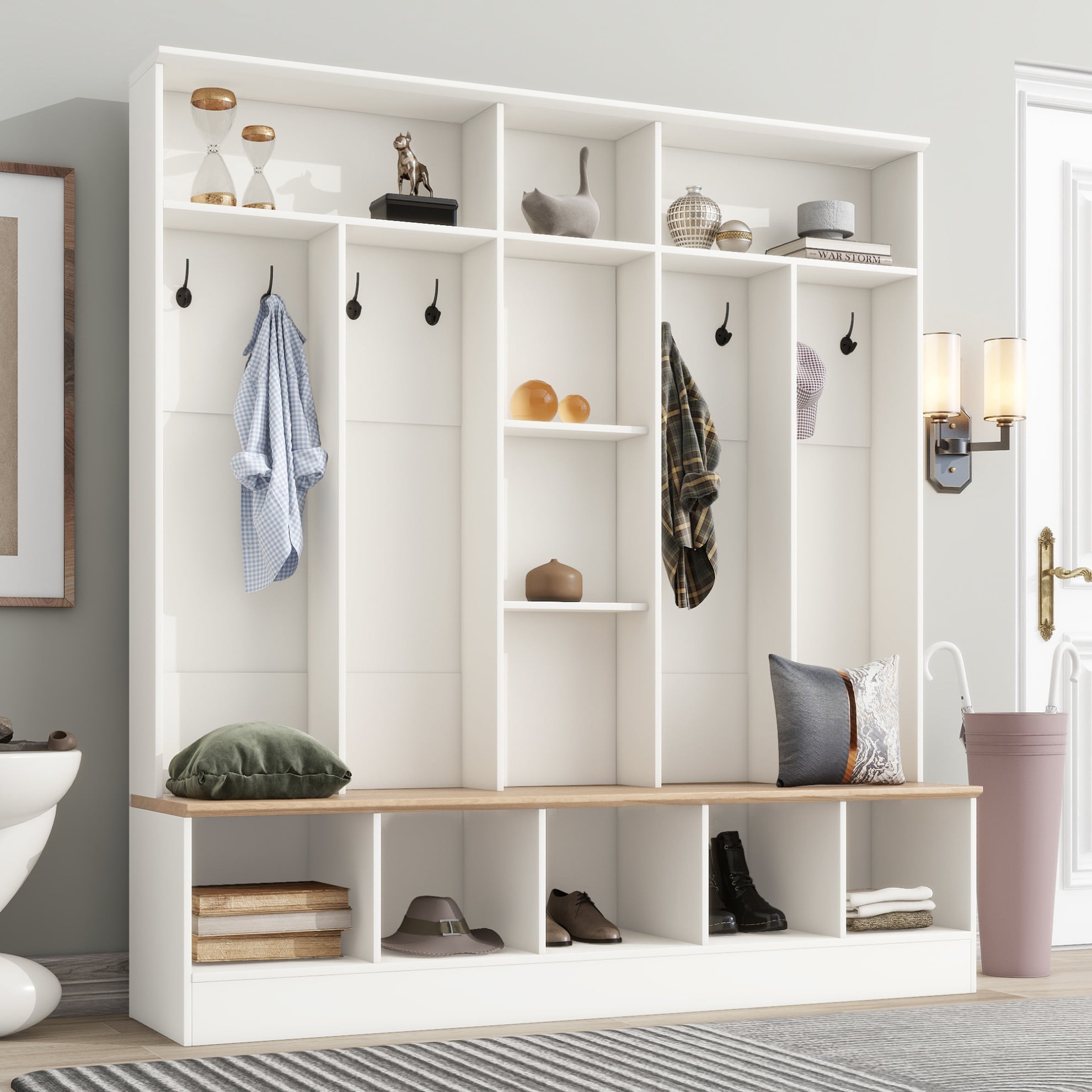 Wide Design Hall Tree with Storage Bench,Minimalist Shoe Cabinet with ...