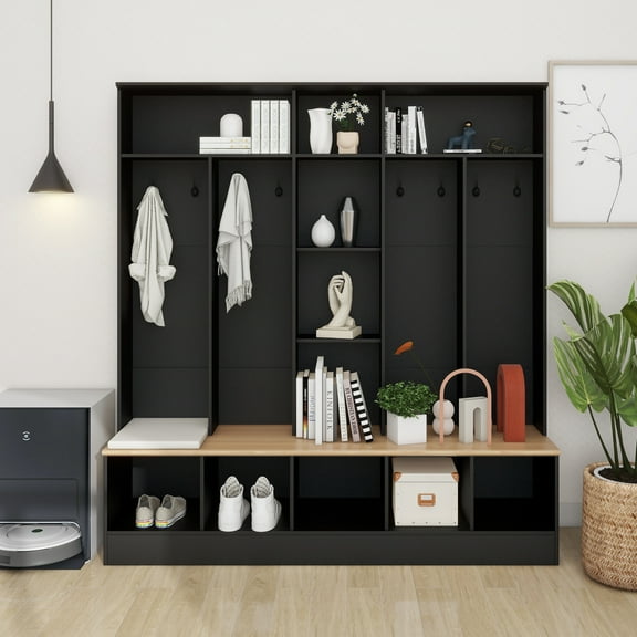 Wide Design Hall Tree with Storage Bench, Minimalist Shoe Cabinet with Cube Storage & Shelves, Multifunctional Coat Rack with 8 Hooks for Entryways, Mudroom, Black