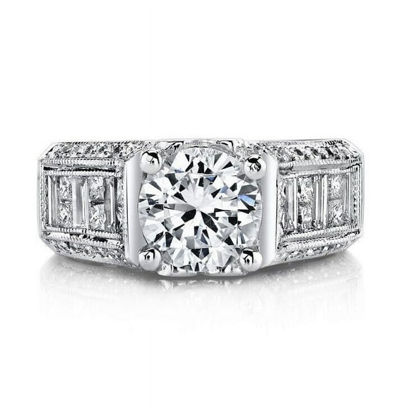 Wide Design Solitaire With Accents Diamond Ring 2.2 Ct Diamond 14K White Gold Over