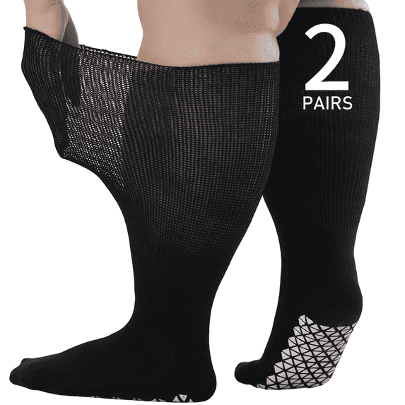 Wide Diabetic Socks for Men Women, Non Slip Grip Extra Long Edema Sock with Thickened Sole, Non-Binding Loose Fit Socks for Lymphedema, Neuropathy, Swollen Feet, Hospital-2 Pairs Black