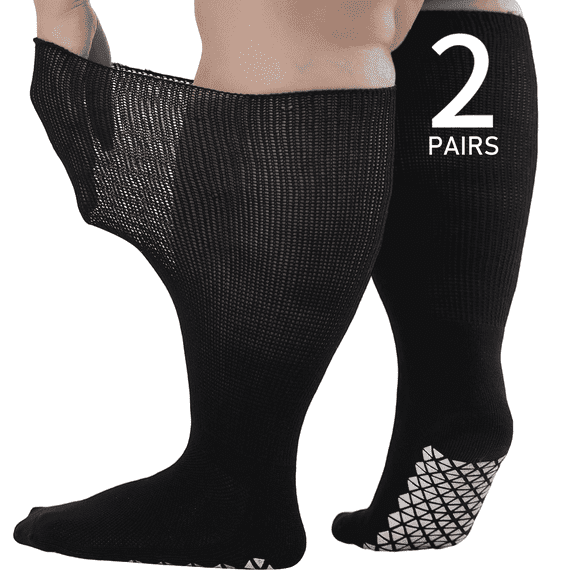 Wide Diabetic Socks for Men Women, Non Slip Grip Extra Long Edema Sock with Thickened Sole, Non-Binding Loose Fit Socks for Lymphedema, Neuropathy, Swollen Feet, Hospital-2 Pairs Black