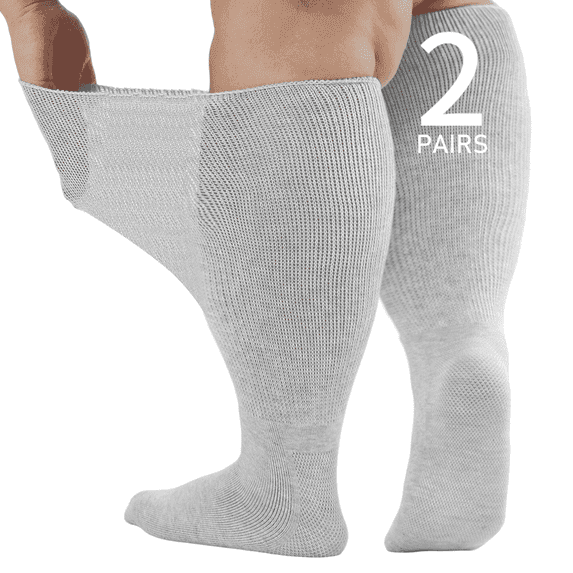 Wide Diabetic Socks for Men Women Plus Size, Extra Long Edema Sock with Thickened Sole, Non-Binding Loose Fit Socks for Swollen Feet, Lymphedema - 2 Pairs Gray