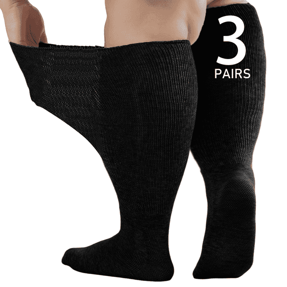 Wide Diabetic Socks for Men Women Plus Size, Extra Long Edema Sock with Thickened Sole, Non-Binding Loose Fit Socks for Swollen Feet, Lymphedema - 3 Pairs Black