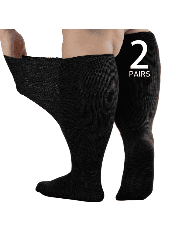 Wide Diabetic Socks for Men Women Plus Size, Extra Long Edema Sock with Thickened Sole, Non-Binding Loose Fit Socks for Swollen Feet, Lymphedema,Neuropathy- 2 Pairs Black