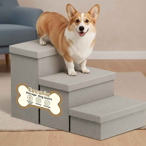 Wide Dog Stairs with Hidden Storage, Non-Slip Steps for High Bed Couch Window Car, Joint-Friendly Pet Stairs Ramp for Dogs Cats, Grey