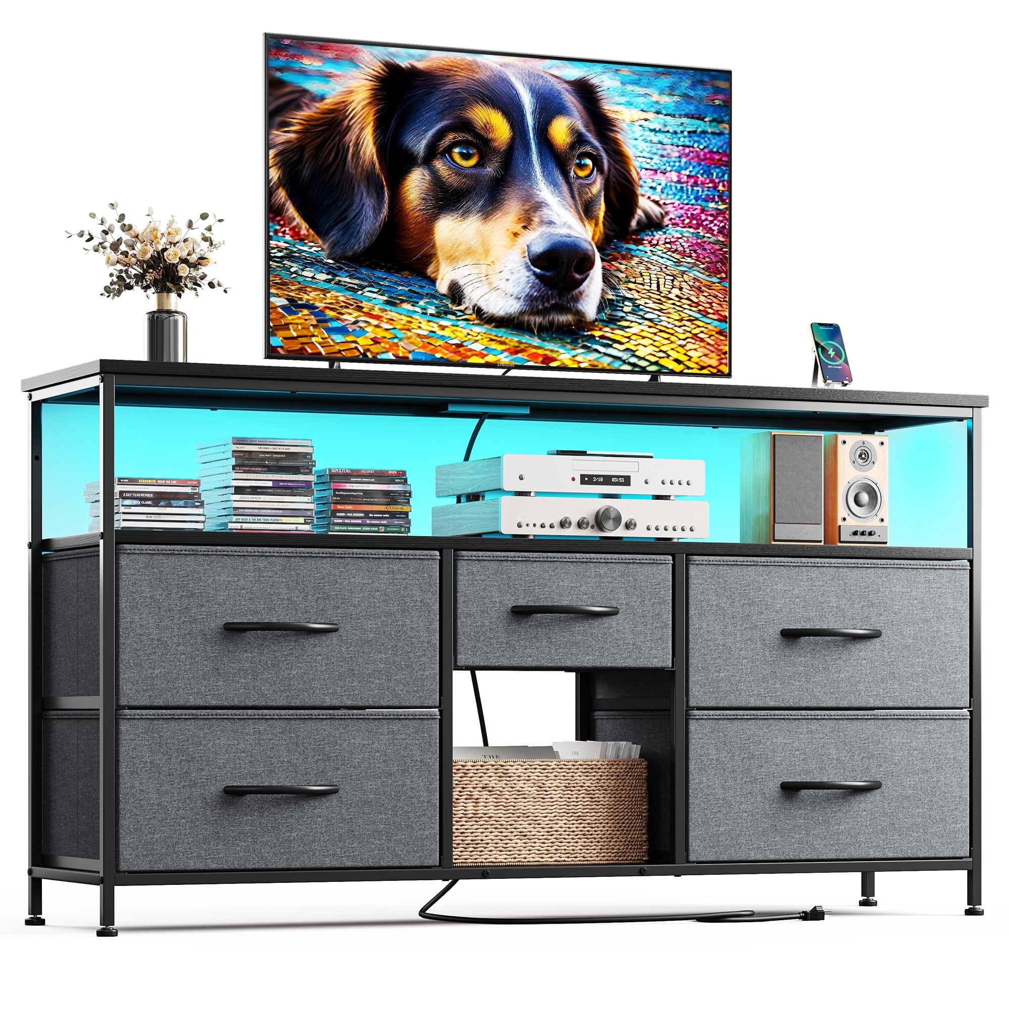 Wide Dresser with 5 Drawers for 50" TV Stand with Power Outlets & LED Lights & Entertainment Center,Dressers for Bedroom with Shelves for Living Room, Sturdy Metal Frame, Grey