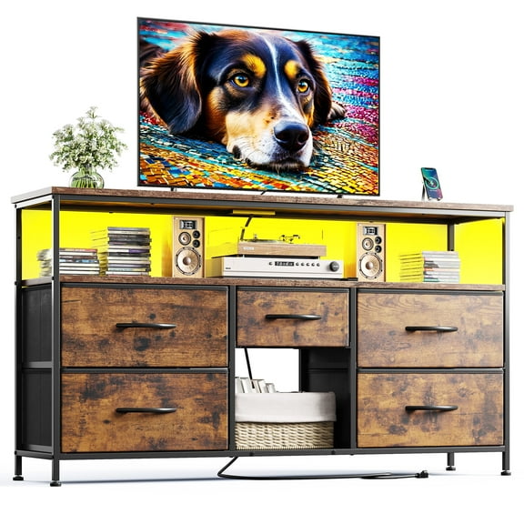 Romorgniz Wide Dresser with 5 Drawers for 50" TV Stand with Power Outlets & LED Lights & Entertainment Center,Dressers for Bedroom with Shelves for Living Room, Sturdy Metal Frame, Rustic Brown