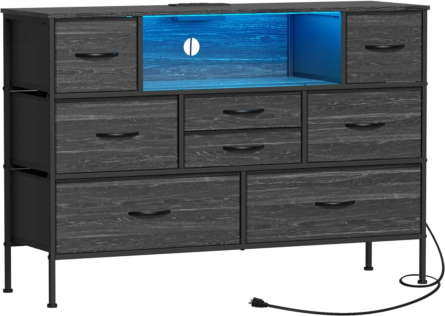 In Drawer Power Box Wide Dresser with Charging Station and LED Light for Bedroom 8 Fabric ...