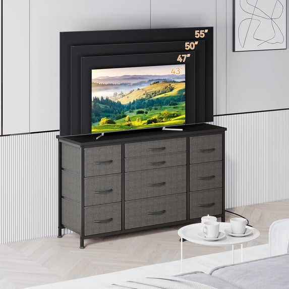 Wide Dresser with 10 Large Drawers for 55'' Long TV Stand with Power Outlet