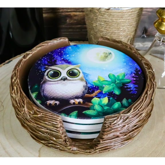 Wide Eyed Owl Perching On Tree Branch by Full Moon Starry Night Coaster Set