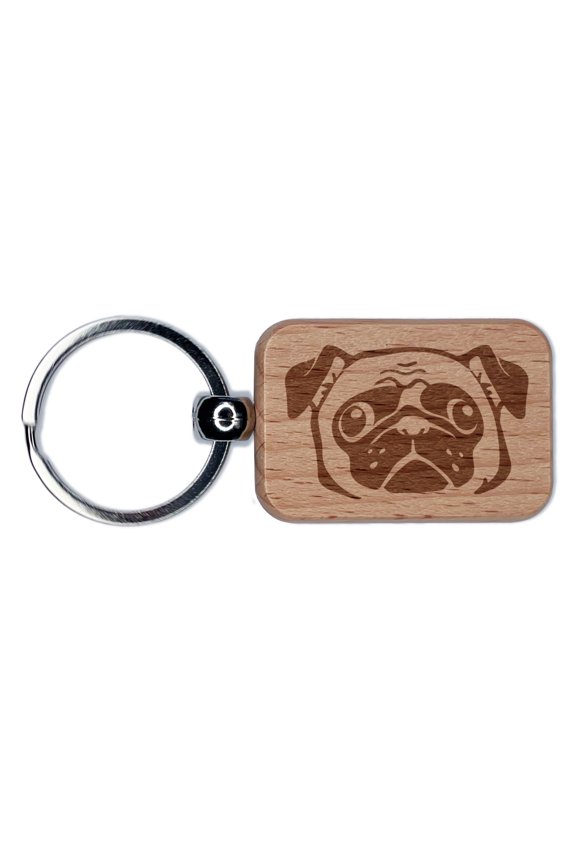 Wide Eyed Pug Dog Face Rectangle Keychain Charm Tag - Engraved Wood