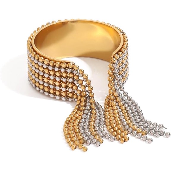 Wide Fashion Beaded Tassel Ring for Women Titanium Steel Gold-Toned Round Small Ball Charms Open Wrap Finger Rings Adjustable Geometric Y2K Jewelryfor Holiday Wedding