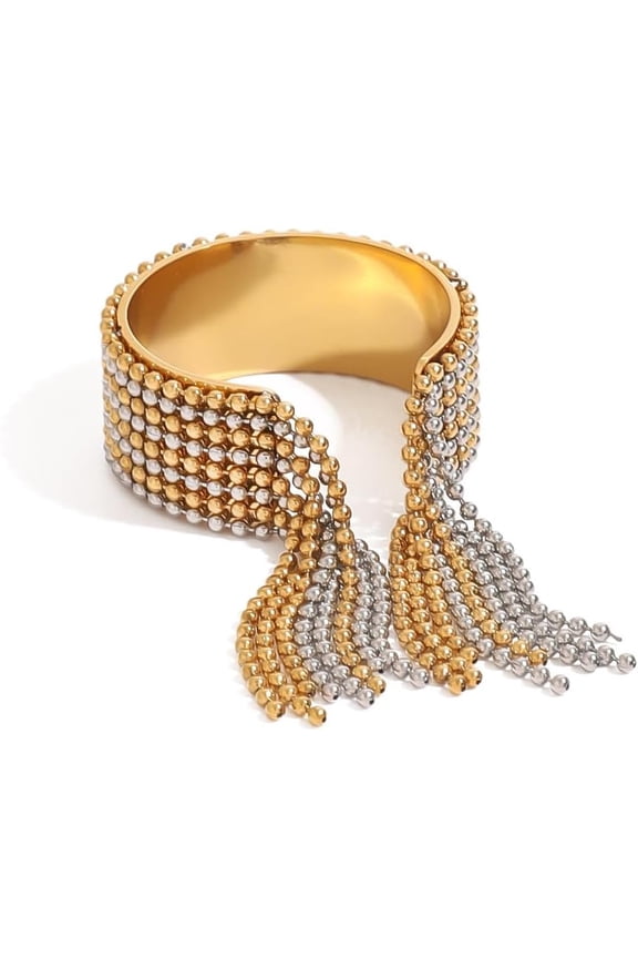 Wide Fashion Beaded Tassel Ring for Women Titanium Steel Gold-Toned Round Small Ball Charms Open Wrap Finger Rings Adjustable Geometric Y2K Jewelryfor Holiday Wedding
