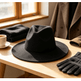 thumbnail image 1 of Wide Fedora Wool Hat for Women Men, Classic Trendy Panama Style Dress Hat, Fashion Party Travel Outdoor Formal Fedora Hat,Black, 1 of 5