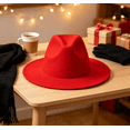 thumbnail image 1 of Wide Fedora Wool Hat for Women Men, Classic Trendy Panama Style Dress Hat, Fashion Party Travel Outdoor Formal Fedora Hat,Red, 1 of 4