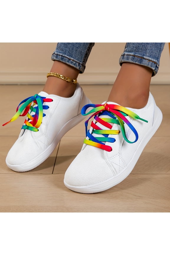 Wide-Fit Comfortable Women'S White Barefoot Sneakers - Zero Drop Wide Athletic Shoes, New Large Size Women'S Barefoot Sneakers with a Wide Toe Box, Featuring Rainbow Laces