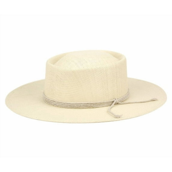 Wide Flat Brim Pork Pie Straw Fedora Hat with String Band