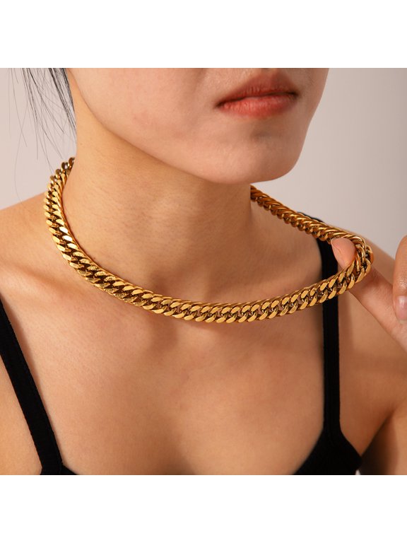 Wide Flat Curb Chain Choker Necklace For Men Women, 14K Gold Filled Upscale Everyday Jewelry