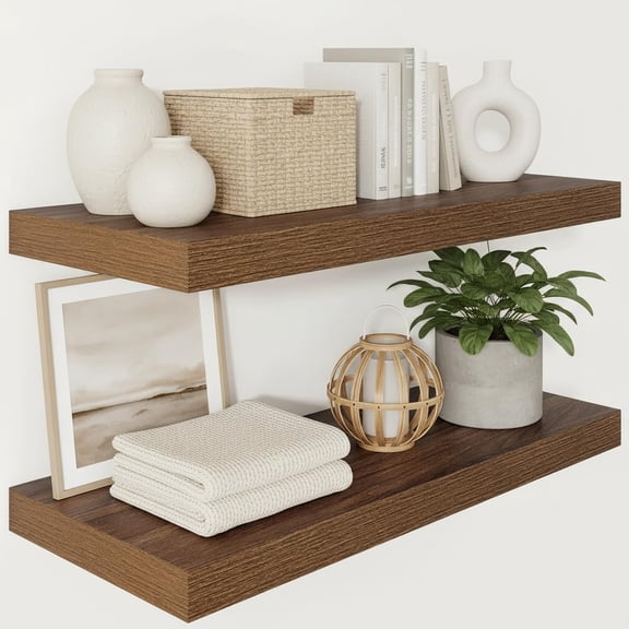 Wide Floating Shelves for Wall 12 Inch Deep, 30" X 12" X 2" Floating Shelf, 2 Inch Thick Shelf for Living Room Bathroom Bedroom Kitchen Book Room, Rustic Farmhouse Decor Set of 2, Walnut