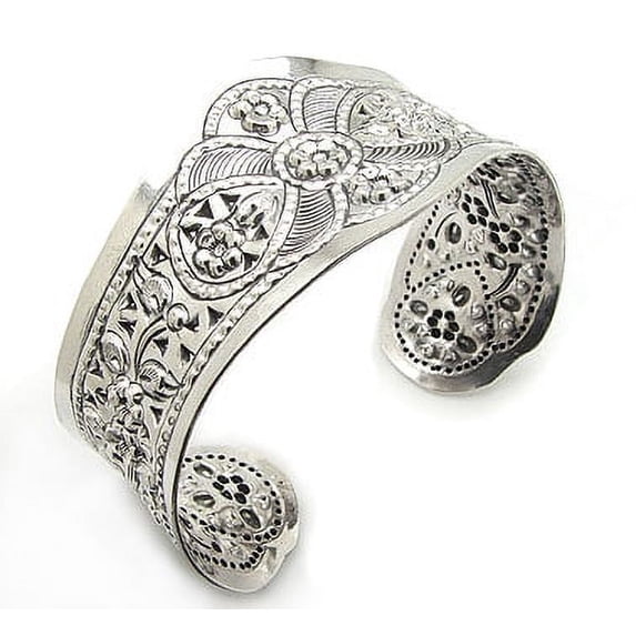 Wide Flower Design Embossed Sterling Silver Cuff Bracelet