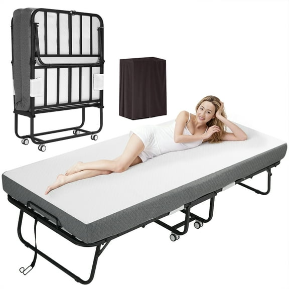 Wide Folding Bed with Mattress, 75" × 45", 5" Memory Foam Rollaway Bed for Adults