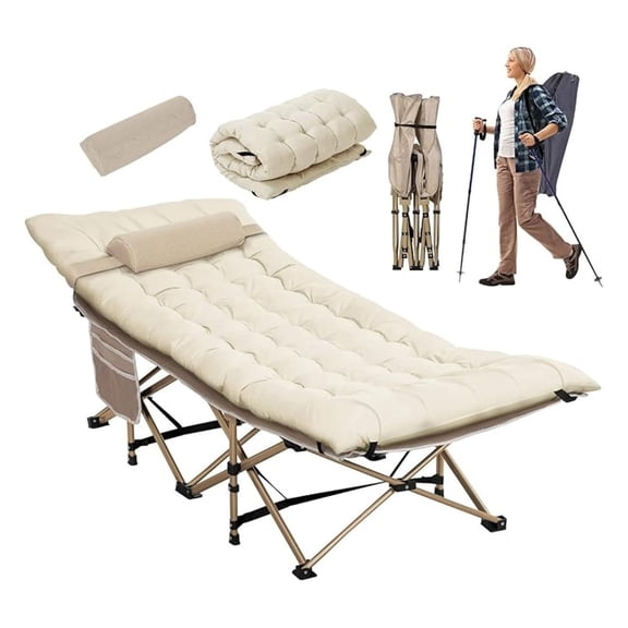 Wide Folding Camping Cots with Pillow & Extra Thick 3 Inch Matress, Cots for Sleeping 900 LBS, Camping Bed for Adults with Cushion, Sleeping Cot (Cream)