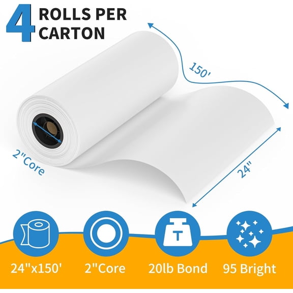 Wide Format Paper 24" x 150' Plotter Paper 4 Rolls CAD Bond Rolls 20lb 2"Core for CAD Printing on Wide Format Ink Printers