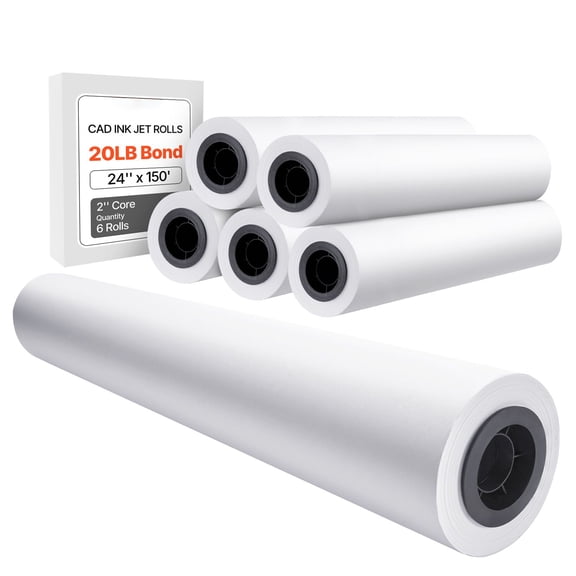 Wide Format Plotter Paper Rolls, 24 in x 150 ft, 6 Pack CAD Bond Paper with 2 in Core, 20 LB, Ideal for Engineering Plans, Architectural Designs, GIS Maps, and Large-Scale Drawings