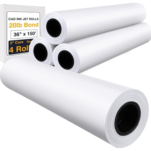 Wide Format Paper,4 Rolls Plotter Paper 36 In x 150 Ft, CAD Bond Rolls,20lb,Bond Paper 2" Core for CAD Printing Wide Format Ink Jet Printers