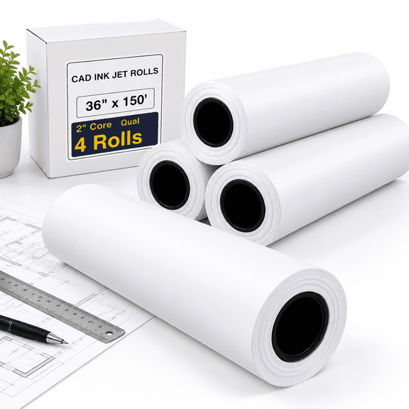 Wide Format Plotter Paper, 4 Rolls 36 In x 150 Ft, 20lb Bond Paper with 2" Core