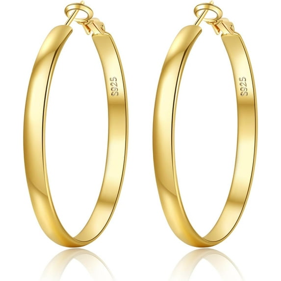 Wide Gold Hoop Earrings for Women,Sterling Silver Hoop Earrings Large Silver Hoop Earrings Hypoallergenic Lightweight 14K Real Gold Plated Big Hoop Earrings for Women 30/40/50/60/70mm