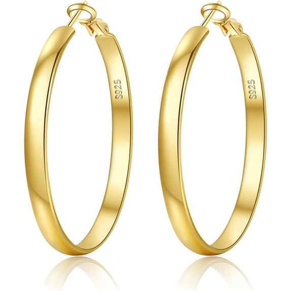 Wide Gold Hoop Earrings for Women,Sterling Silver Hoop Earrings Large Silver Hoop Earrings Hypoallergenic Lightweight 14K Real Gold Plated Big Hoop Earrings for Women 30/40/50/60/70mm