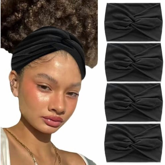 Wide Headbands For Women 4 Pack Black Hairbands Knotted Hair Bandana Non Slip Workout Wrap For Girls Soft Stretchy Fashion Cute Yoga Daily Summer