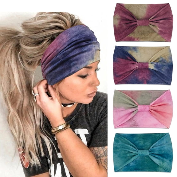 Wide Headbands For Women Knotted Headband African Women’s Head Wraps Stretchy Turban Hair Accessories Bands Tie Dye 4 Pack