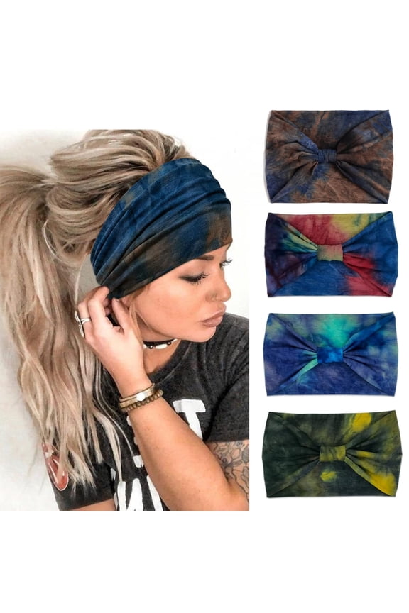 Wide Headbands For Women Knotted Headband African Womens Head Wraps Stretchy Hair Accessories Bands Tie Dye 4 Pack
