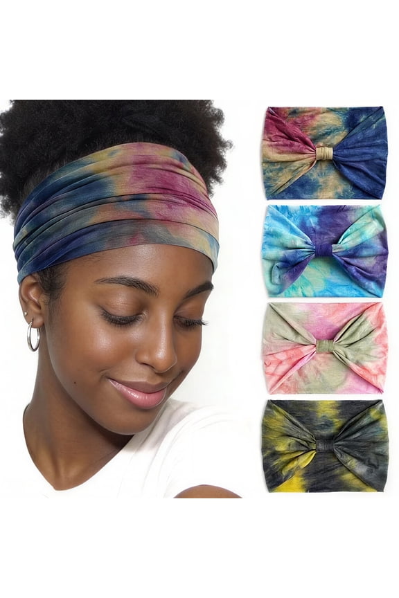 Wide Headbands For Women Knotted Headband African Womens Head Wraps Stretchy Hair Accessories Bands Tie Dye 4 Pack