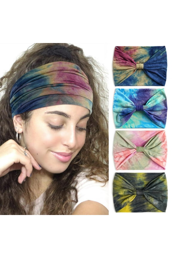 Wide Headbands For Women Knotted Headband African Womens Head Wraps Stretchy Hair Accessories Bands Tie Dye 4 Pack