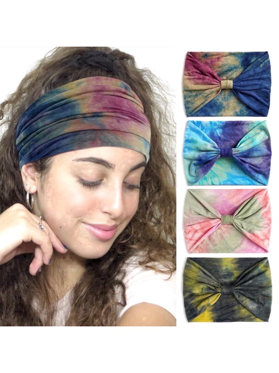 Wide Headbands For Women Knotted Headband African Womens Head Wraps Stretchy Hair Accessories Bands Tie Dye 4 Pack