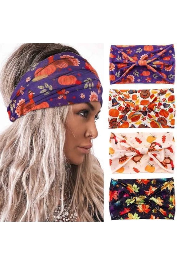 Wide Headbands Knotted Turban Fall Headband Elastic Nonslip Christmas Hairbands Workout Wraps Yoga Running Hair Scarfs Holiday Festivel Hair Accessories for Women 4 count (Turkey D)