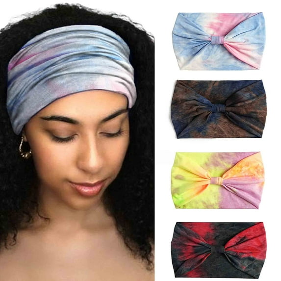 Wide Headbands Stretch Turban Knotted Hairbands Elastic Yoga Workout Sweatband Running Sport Head Scarf Large African Head Wraps for Women 4 Pcs